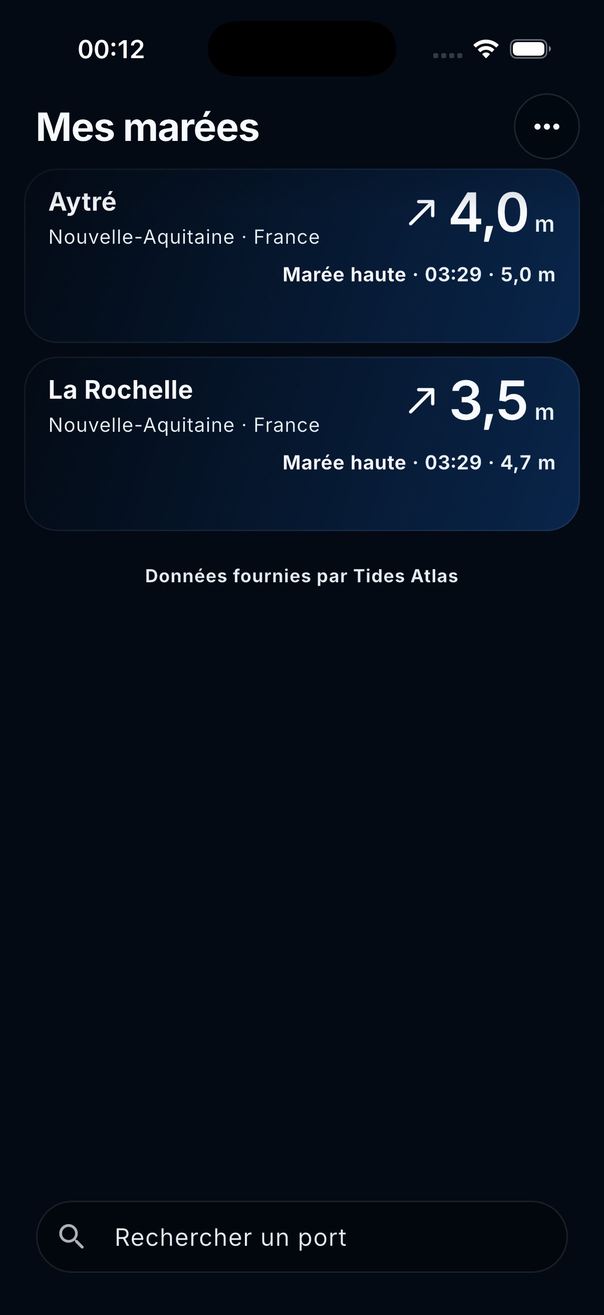 La vue Mes marées de Flot avec les ports favoris Aytré et La Rochelle